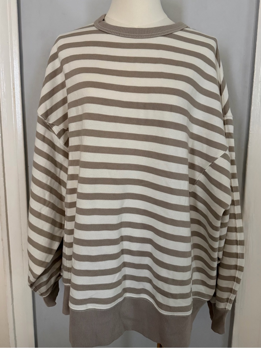 Aerie Go-To Neutral Taupe and White Striped Crewneck Sweatshirt